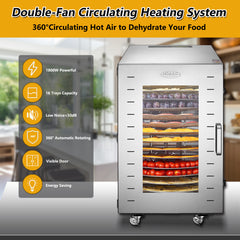 Hakka Food Dehydrator 16 Trays Stainless Steel 360° Rotation Meat Jerky Dryer