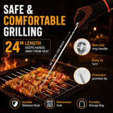 24 inch extra long grill skewers with non-slip ring handles keep hands away from heat.