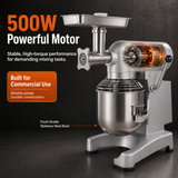 Hakka 10Qt Commercial Planetary Stand Mixer with Meat Grinder Attachment, 500W 3-Speed Food Mixer, Includes Dough Hook, Flat Beater & Whisk, ETL Certified