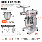 Hakka 10Qt Commercial Planetary Stand Mixer with Meat Grinder Attachment, 500W 3-Speed Food Mixer, Includes Dough Hook, Flat Beater & Whisk, ETL Certified