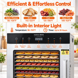 Hakka Bros 16-Tray 1400W Food Dehydrator, 26.2 sq. ft. Drying Space, 86–194°F Temp, 24H Timer & Glass Door