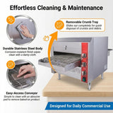 EasyRose conveyor pizza oven cleaning features diagram highlighting the stainless steel body, removable crumb tray, and easy-access conveyor belt.
