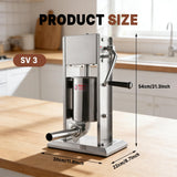 Detailed dimensions of Hakka SV 3 sausage stuffer: 21.3"" height, 11.8"" length, and 8.7"" width.