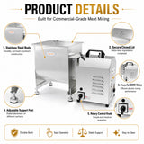 Hakka electric meat mixer details including stainless steel body, closed lid, 300W motor, feet, and control knob