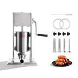 Manual stainless steel sausage stuffer with 4 stuffing tubes, cleaning brush, and replacement gaskets.