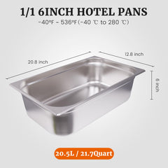 Hakka 1/1 Size Stainless Steel Food Pans,6"Deep Food Containers- Pack of 6