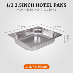 Hakka 1/2 Size Stainless Steel Food Pans,2.5"Deep Food Containers- Pack of 6