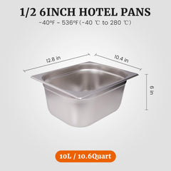 Hakka 1/2 Size Stainless Steel Food Pans,6"Deep Food Containers- Pack of 6