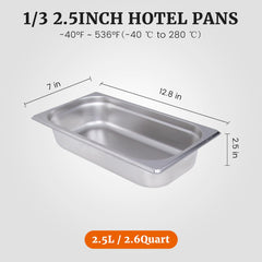 Clivia 1/3 Size Stainless Steel Food Pans,2.5"Deep Food Containers- Pack of 6