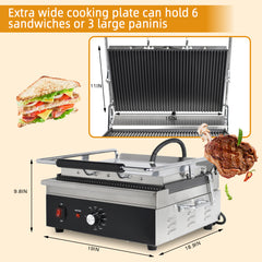 EasyRose 15" Wide Ribbed Cast Iron Panini Grill Plate, 1800W Power, EGO Thermostat, 0-300°C Temperature Range