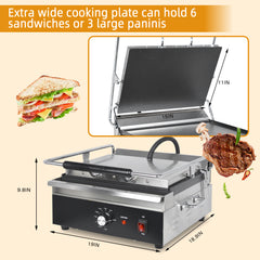 EasyRose 15" Wide Cast Iron Panini Grill Plate, 1800W Power, EGO Thermostat, 0-300°C Temperature Range