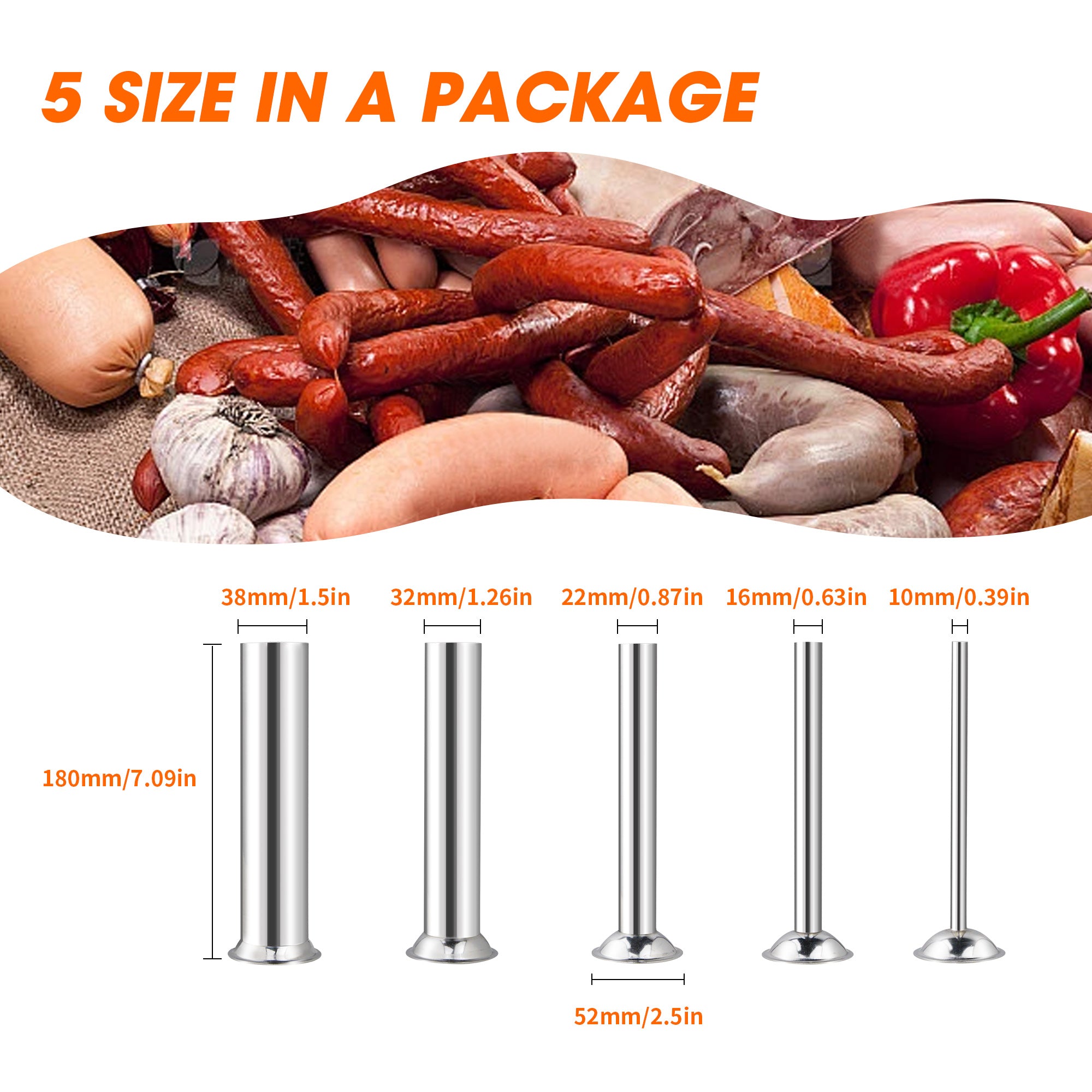 Hakka 5 Sizes of Stainless Steel Tubes for Manual Sausage Stuffer ...