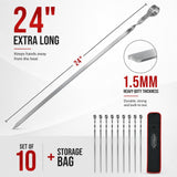 24 inch extra long BBQ skewers with 1.5mm heavy-duty stainless steel thickness, set of 10 with storage bag.