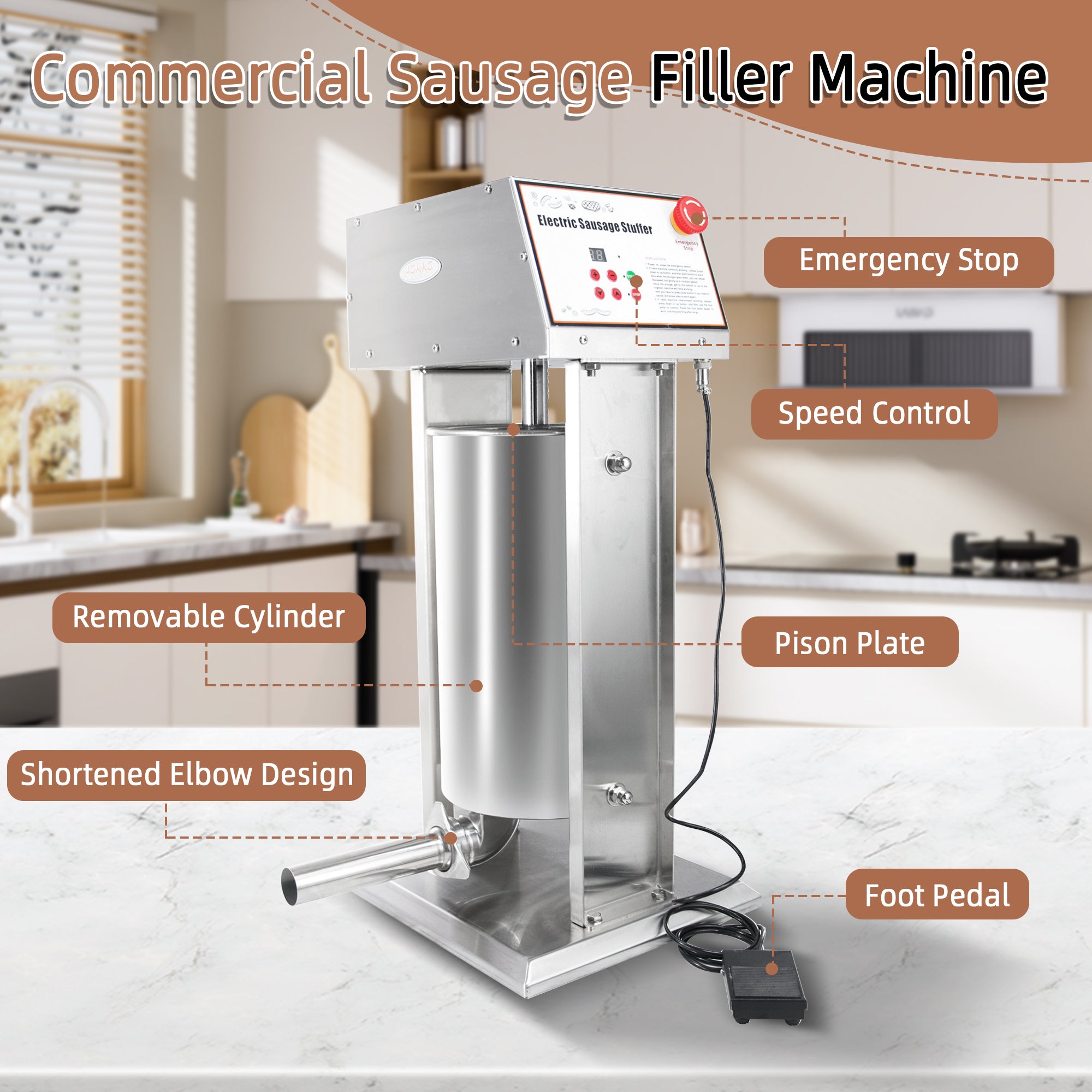 Hakka 10L/22 lb Electric Sausage Stuffer, Stainless Steel Vertical Sausage Maker with Foot Pedal and 5 Stuffing Tubes