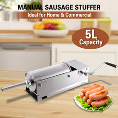 Hakka Horizontal 11LBS 5L Sausage Stuffer Stainless Steel Sausage Meat Maker