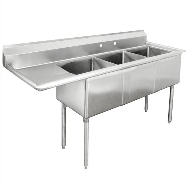 Hakka 16 Gauge Stainless Steel Three Compartment Commercial Sink with Left Drainboard - 18" x 18" x 11" Bowls
