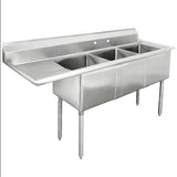 Hakka 16 Gauge Stainless Steel Three Compartment Commercial Sink with Left Drainboard - 18" x 18" x 11" Bowls