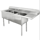 Hakka 16 Gauge Stainless Steel Three Compartment Commercial Sink with Right Drainboard - 18" x 18" x 11" Bowls