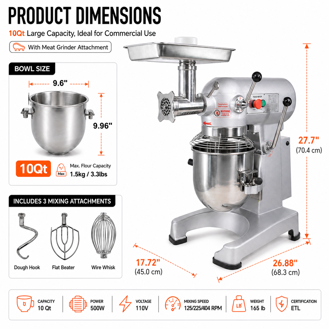 Hakka 10Qt Commercial Planetary Stand Mixer with Meat Grinder