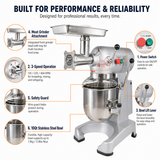 Hakka 10Qt Commercial Planetary Stand Mixer with Meat Grinder Attachment, 500W 3-Speed Food Mixer, Includes Dough Hook, Flat Beater & Whisk, ETL Certified