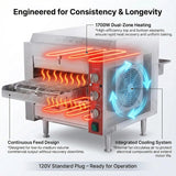 EasyRose 1700W 120V conveyor pizza oven heating system with commercial stainless steel construction