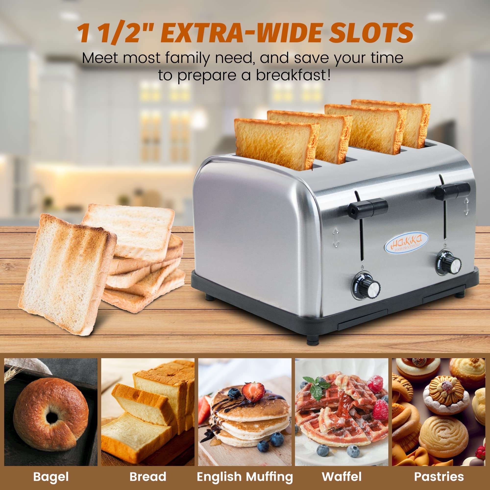 EasyRose Toaster 4 Slice, Heavy-Duty Stainless Steel Toaster Commercial Toaster with Extra Wide Slots with Auto Shut-off/Cancel Button & Removable Crumb Tray, 1800W/120V