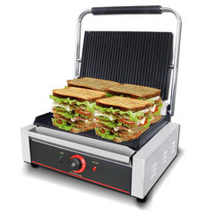 Hakka Electric Panini Press Grill, Commercial Contact Sandwich Toast Maker Non-Stick Ribbed Wider Plate 50-300℃ Temp Control Catering Machine for Making Breakfast, Steak, Hamburgers（UK）