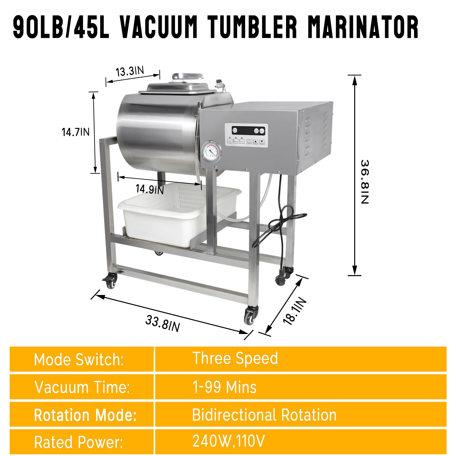EasyRose 45L/90lb Commercial Vacuum Meat Tumbler Marinator, 240W