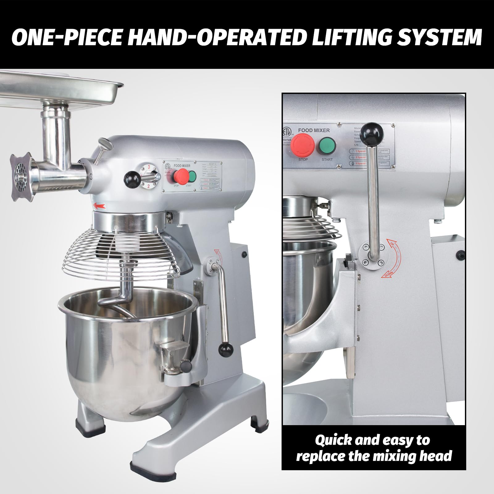Hakka 20Qt Dough Stand Mixer 3 Speed, 4 Function Stainless Steel Food Mixer, ETL certified (grinder head included)
