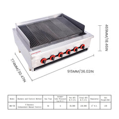 EASYROSE 36" Gas Radiant Charbroiler Grill Countertop Gas with 6 Burner 120,000 BTU, ETL Certified