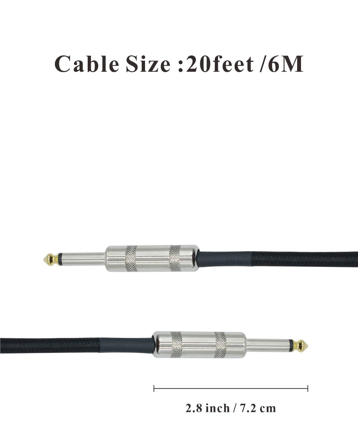 20 Feet Professional Guitar Instrument Cable with Noble Black Tweed Coat Straight 1/4 Inch TS to Straight 1/4 Inch TS