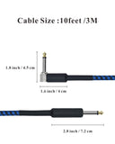 10Feet Musical Instrument Cable (Straight 1/4" TS to Right Angle 1/4" TS), for Electric Guitar,Bass Guitar,10Ft, Black and Blue Tweed Cloth