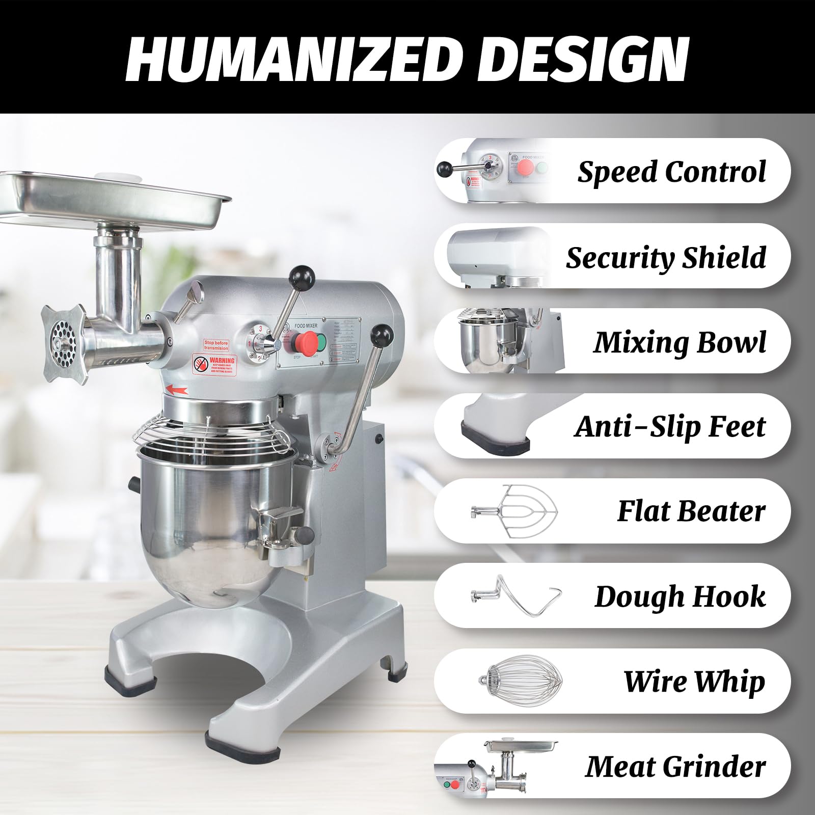 Hakka 10Qt Dough Stand Mixer 3 Speed, 4 Function Stainless Steel Food Mixer, ETL certified (grinder head  included)