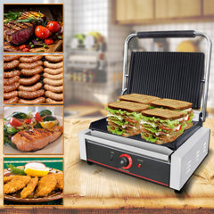 Hakka Electric Panini Press Grill, Commercial Contact Sandwich Toast Maker Non-Stick Ribbed Wider Plate 50-300℃ Temp Control Catering Machine for Making Breakfast, Steak, Hamburgers（UK）