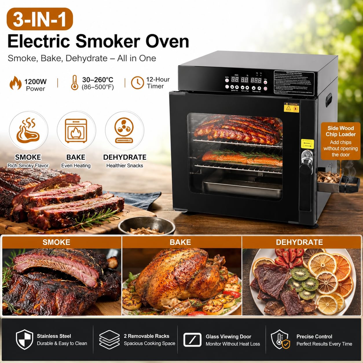 Hakka Bros 3-in-1 Electric Smoker Oven and Dehydrator, 1200W