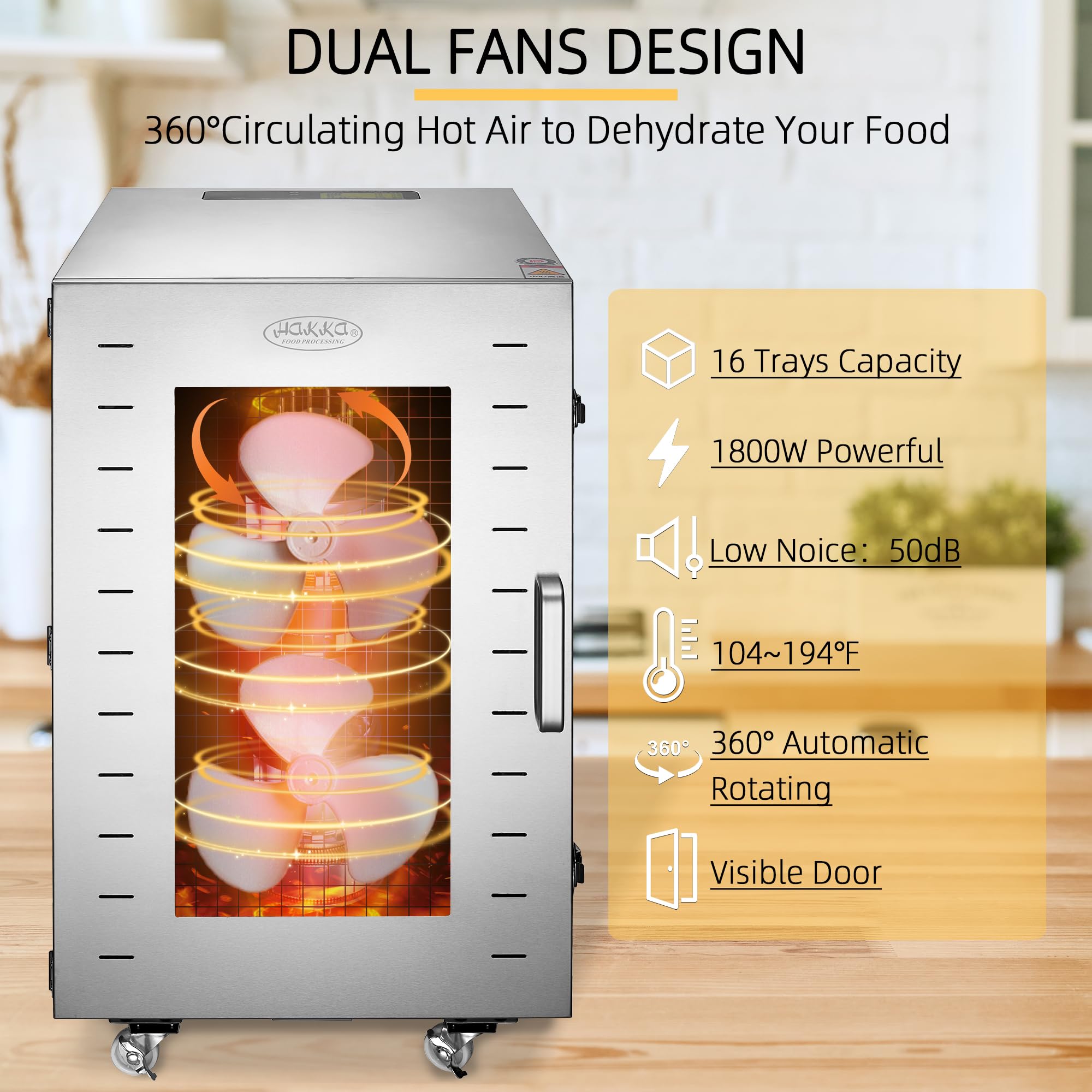 Hakka Food Dehydrator 16 Trays Stainless Steel 360° Rotation Meat