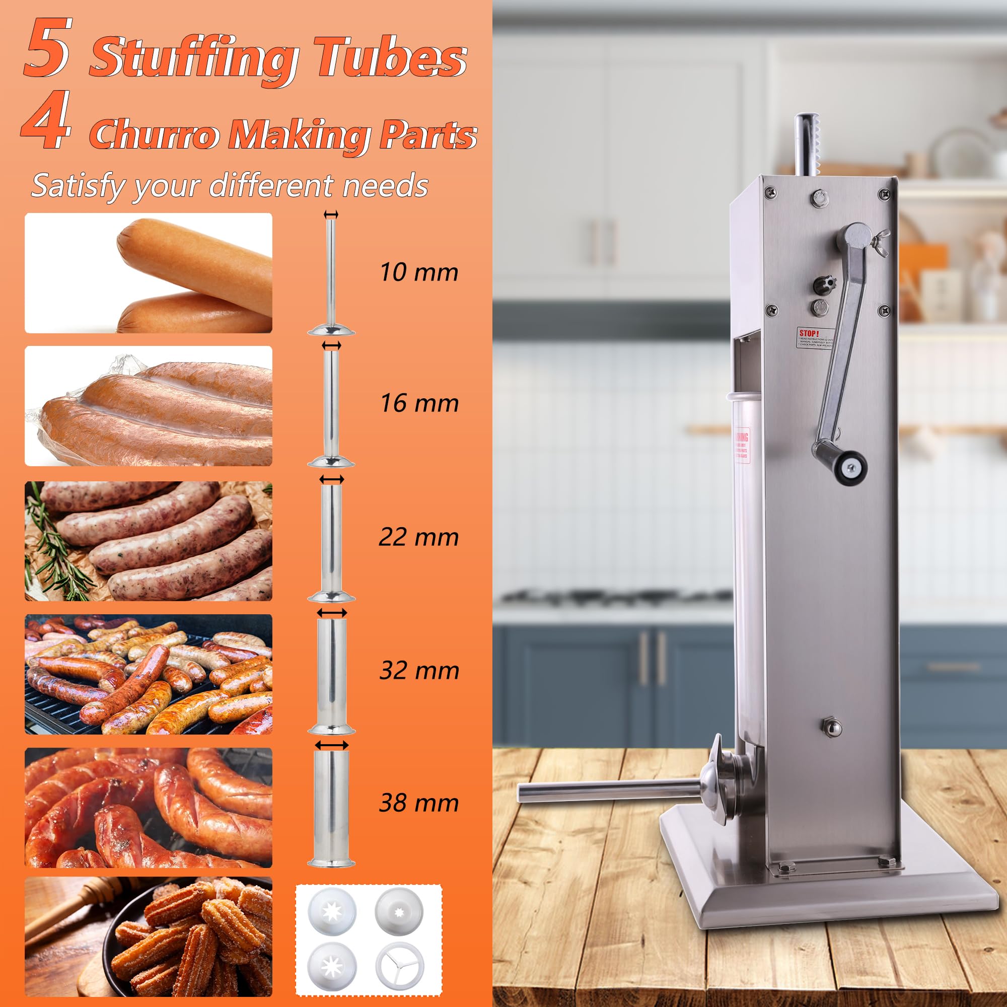 Hakka Macchina Per Salsicce 2 In 1 Verticale - 3,2 Kg, 2 Velocità, 5 Beccucci E Accessori Per Churro, Acciaio Inox