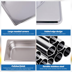 Clivia 1/3 Size Stainless Steel Food Pans,2.5"Deep Food Containers- Pack of 6