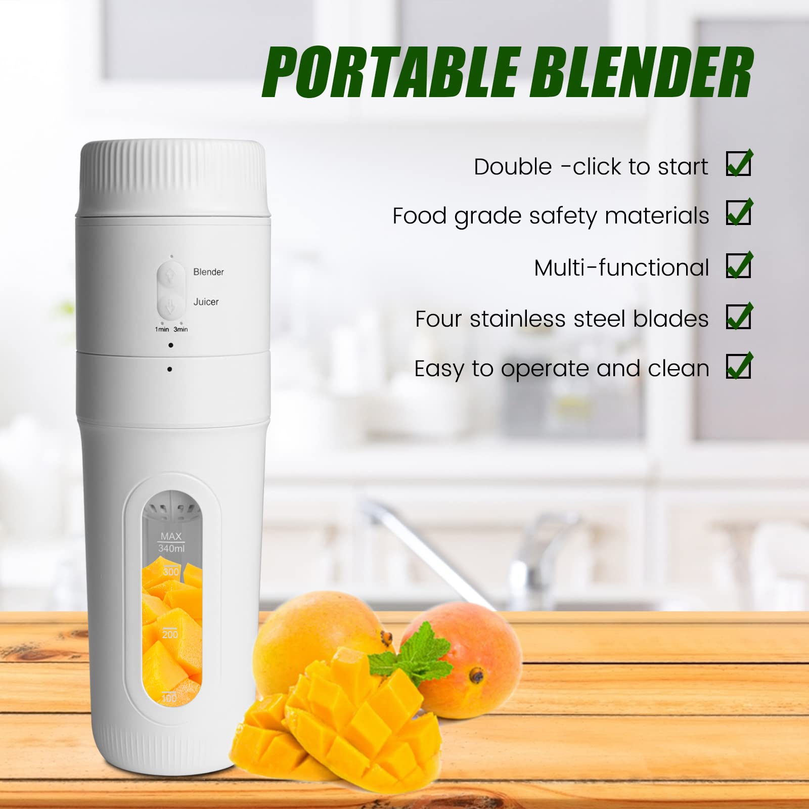 Hakka Portable Blender 3 in 1 Personal Blender, 12oz Fresh Juice Mini Blender for Shakes and Smoothies with USB Type-C Rechargeable, White