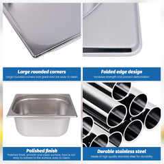 Clivia 1/2 Size Stainless Steel Food Pans,6"Deep Food Containers- Pack of 6