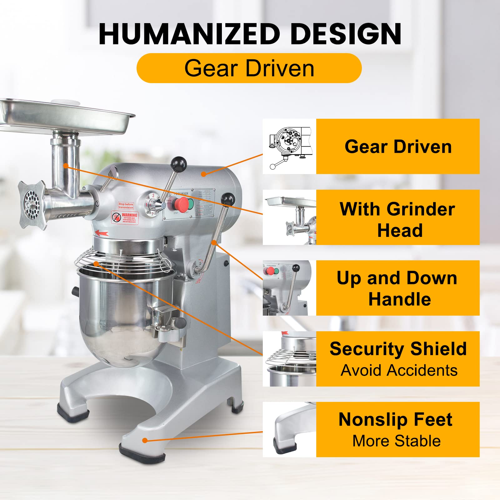Hakka 30 Quart Commercial Planetary Mixers 4 Funtion Stainless Steel Food Mixer with Meat Grinder Head,ETL certified (M30A-4-G)