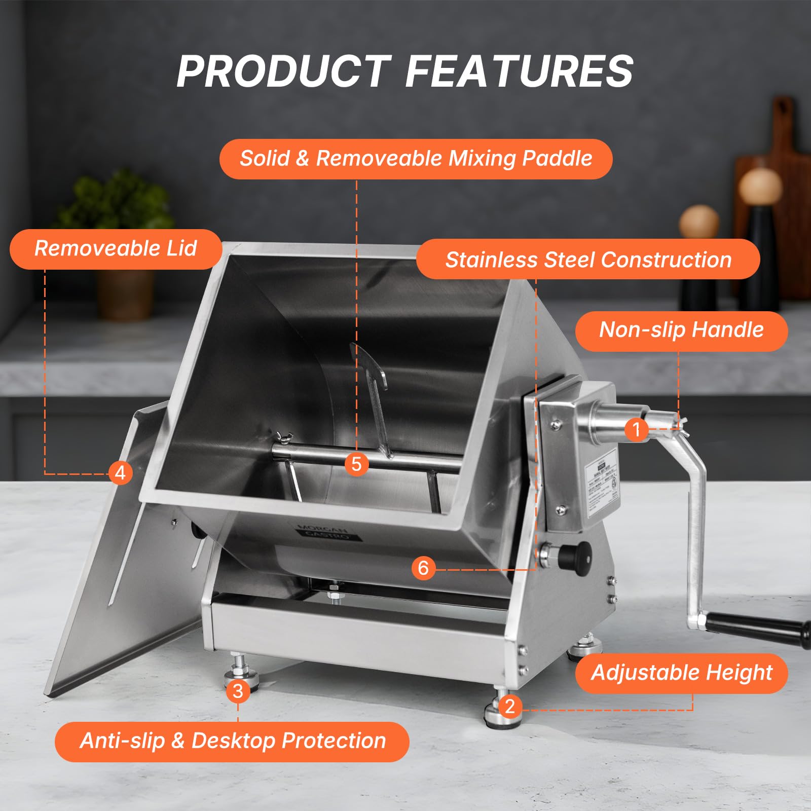 Morgangastro 15L/30 lb Manual Meat Mixer, Stainless Steel Tilt