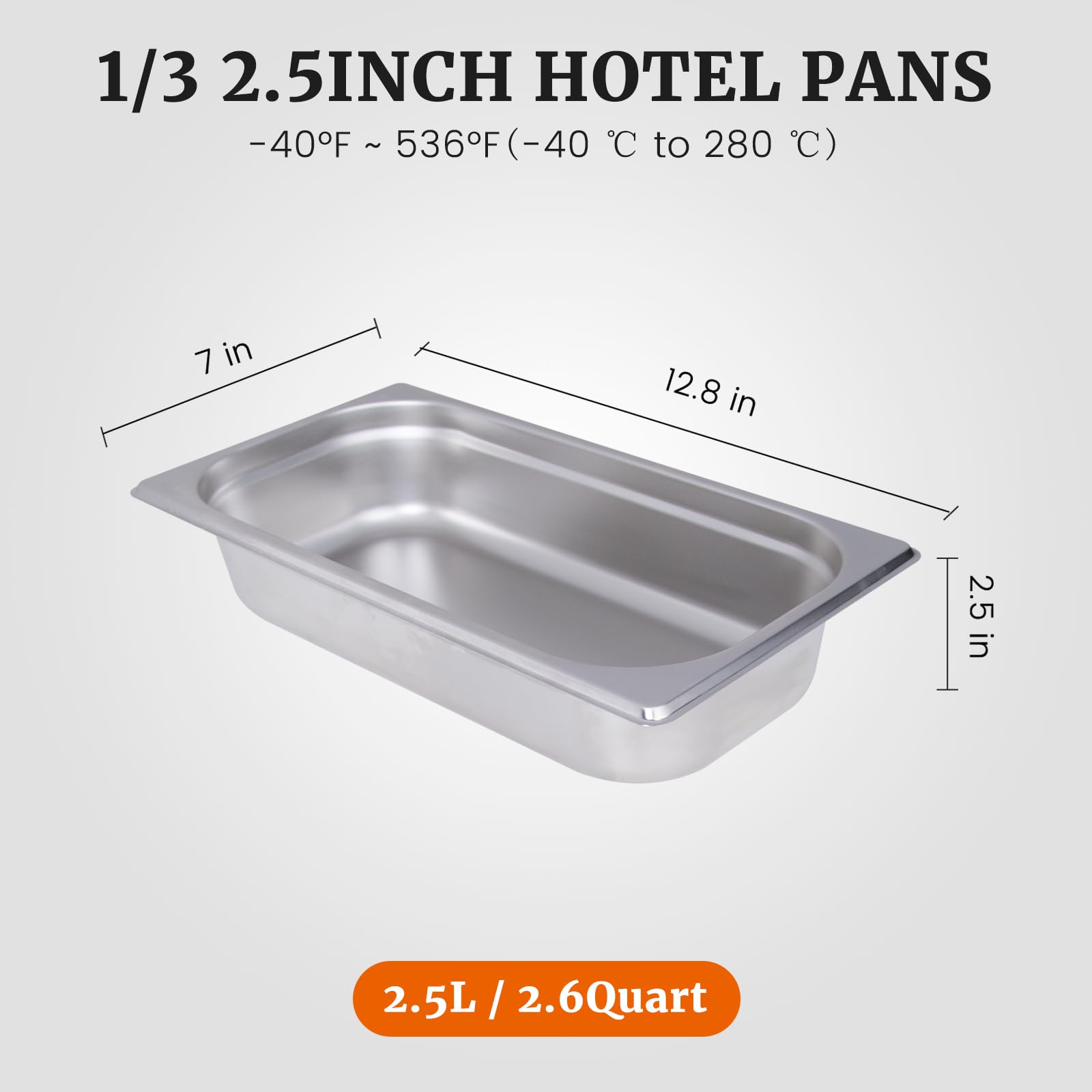 Hakka 1/3 Size Stainless Steel Food Pans,2.5"Deep Food Containers- Pack of 6
