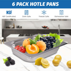 Clivia 1/2 Size Stainless Steel Food Pans,2.5"Deep Food Containers- Pack of 6