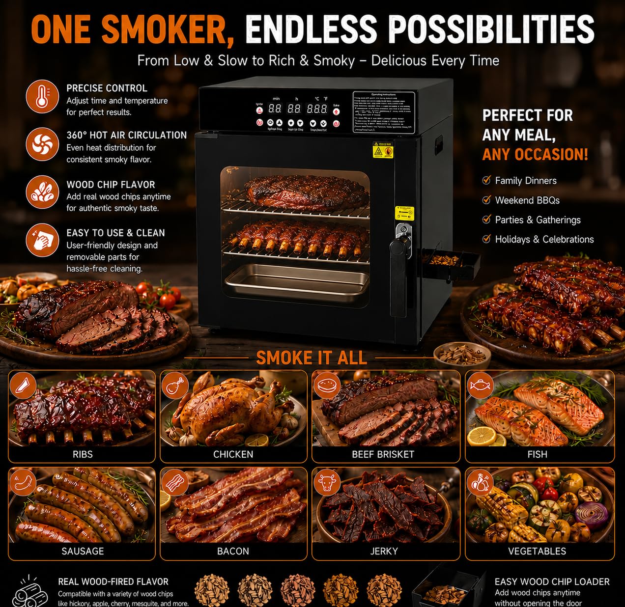 Hakka Bros 3-in-1 Electric Smoker Oven and Dehydrator, 1200W