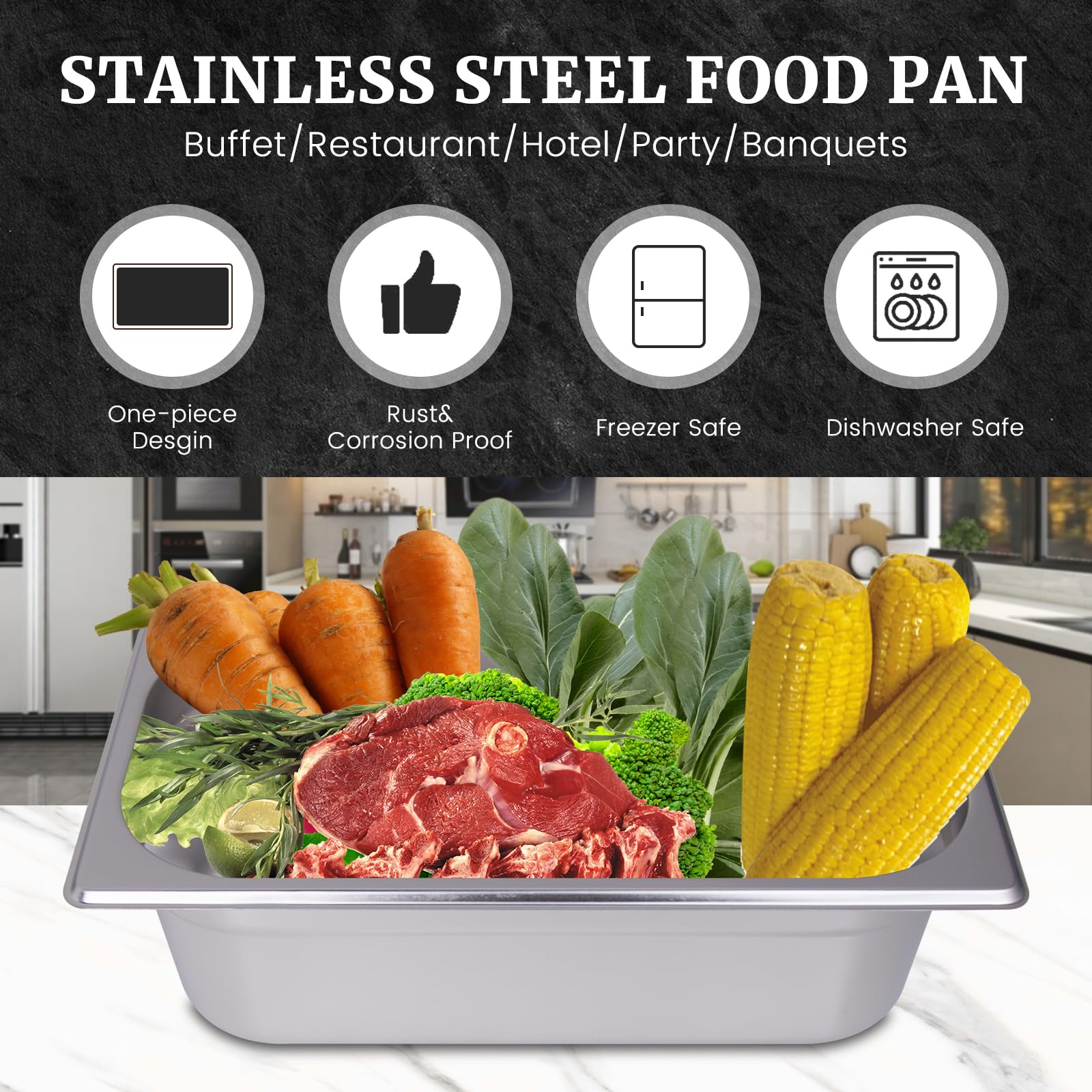 Hakka 6-Pack Hotel Pans Steam Table Pan 1/3 Size Hotel Pan 4" Deep Stainless Steel Pan for Party, Restaurant, Hotel