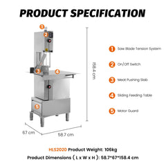 Hakka Bone Saw Machine 79" Electric Butcher Bandsaw Countertop Meat Bone Cutter