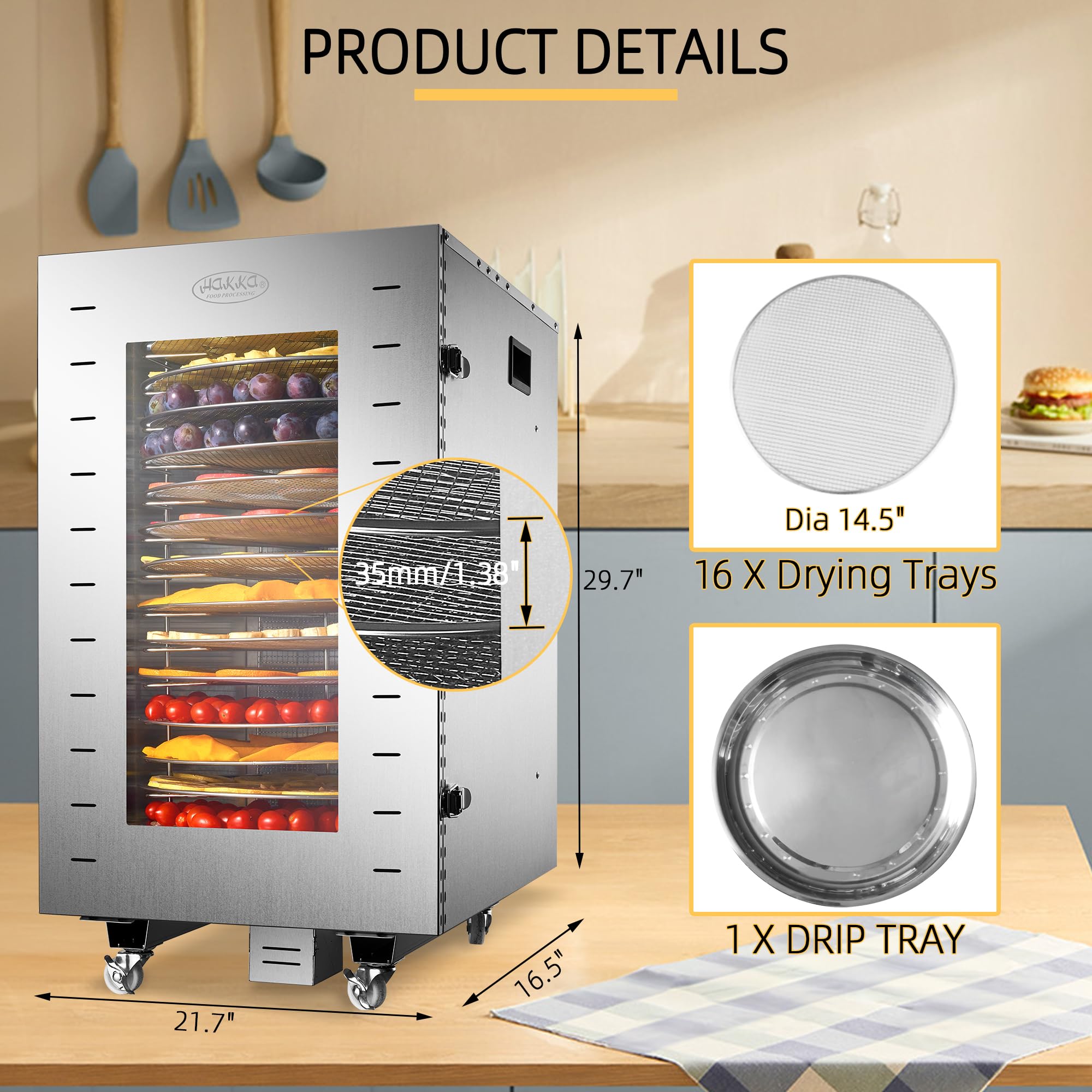 Hakka Food Dehydrator 16 Trays Stainless Steel 360° Rotation Meat