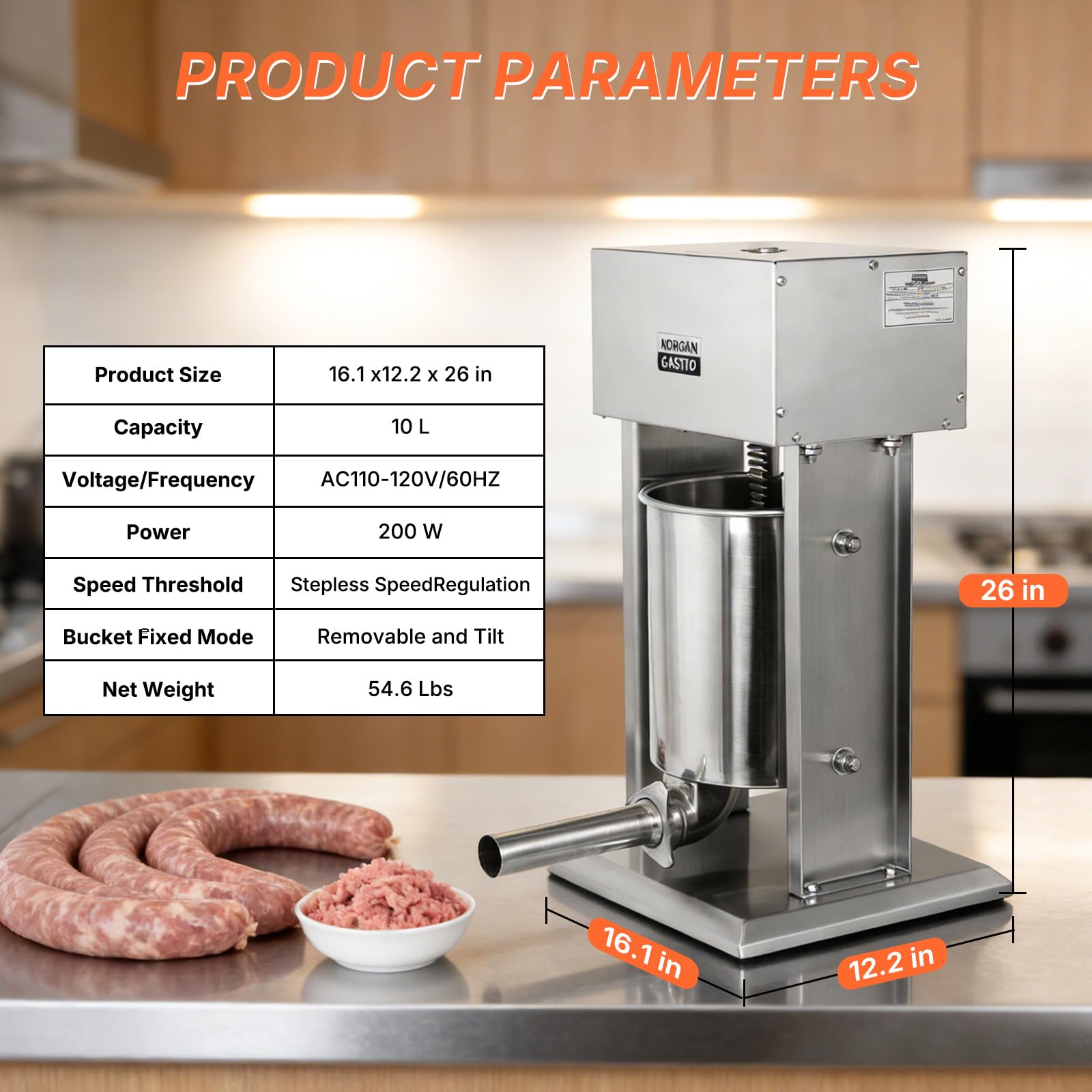 Shuta Sanga　シュナーベル① Morgangastro 10L/22lb Electric Sausage Stuffer, 200W Stainless