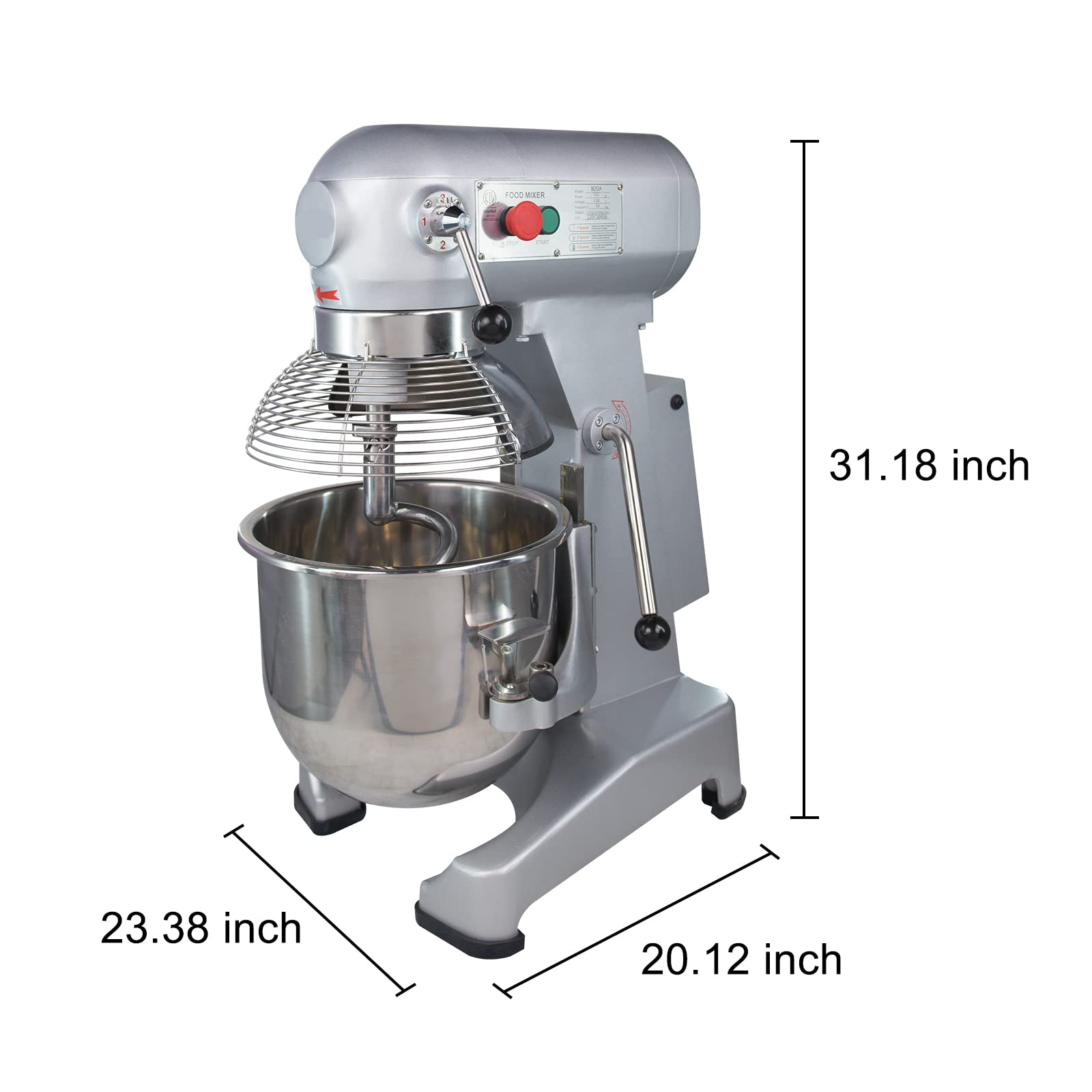 Hi Tek 11 qt Silver Aluminum Planetary Stand Mixer - Includes Dough Hook,  Whisk and Beater, with Safety Guard - 15 3/4 x 15 3/4 x 24 - 1 count box